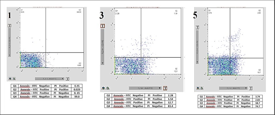 Flow Cytometry Analysis of Platelet on Days 1, 3, and 5 Post-Collection. An example of the flow cytometry results on days one, three, and five was conducted to determine the rates of cell death. Quadrant Q1 represents Annexin-V positive and PI negative cells, Q2 represents Annexin-V positive and PI positive cells, Q3 represents Annexin-V negative and PI positive cells, and Q4 represents Annexin-V negative and PI negative cells.