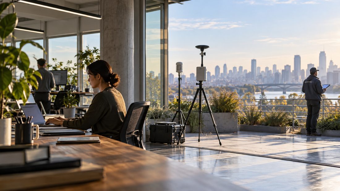An office interior with people working at desks, seen through a glass wall beside a terrace where air-monitoring instruments stand on tripods and a field worker records readings on a tablet, with a river and a city skyline beyond.